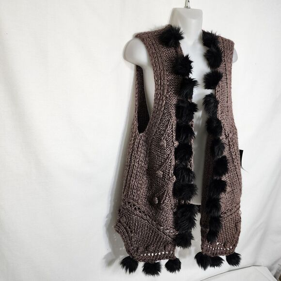 Notations Womens Sweater Cardigan Vest Size 1X Pom Poms Brown Knit Open Front - Picture 4 of 13